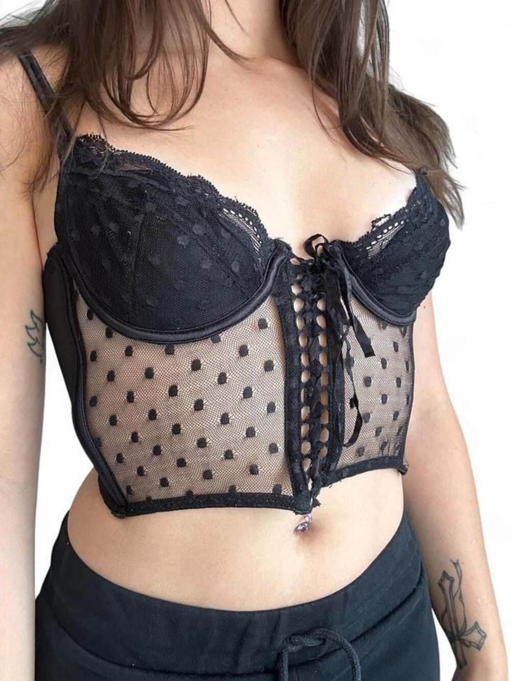 Y2K Fredericks of Hollywood Black Lace Polka Dot Cropped Corset Top – Small